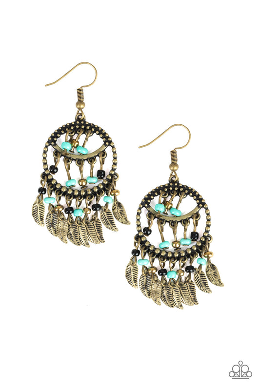 "HERBAL REMEDY" MULTI BLACK TURQUOISE BLUE FEATHER DREAM CATCHER BRASS EARRINGS - Gtdazzlequeen